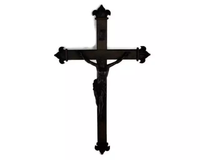 Large French Oak Hanging Church Crucifix Cross Jesus Christ Bronze Stunning Art