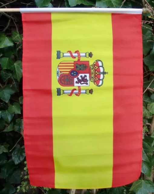 SPAIN WITH CREST LARGE HAND WAVING FLAG 18" X 12" WITH 24" POLE flags SPANISH