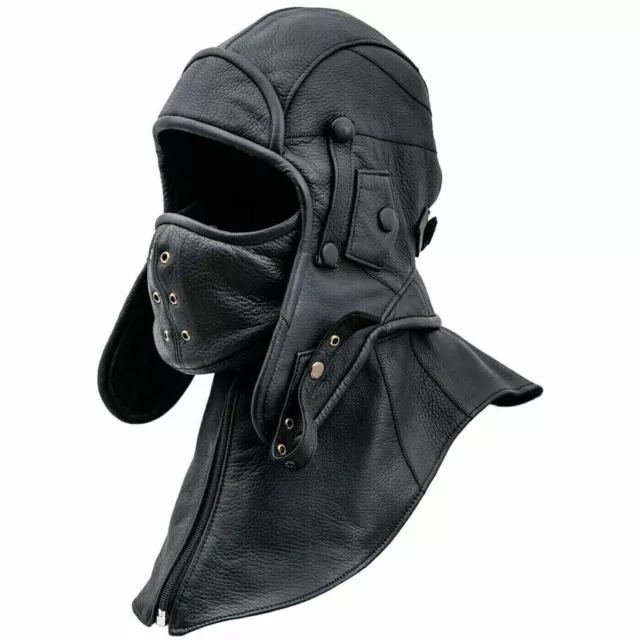 100 % Real Black Leather Aviator Cap with Collar face cover Pilot Tactical Hood