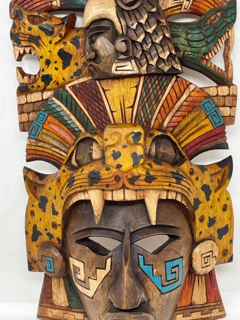 Vintage Hand Carved Wood Mexican Mayan Aztec Mask Jaguar God Folk Art 3