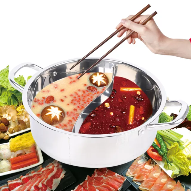 [ Ø30cm Edelstahl HOT POT ] Topf mit 2 Kammern / Feuertopf / Shabu Shabu /Deckel