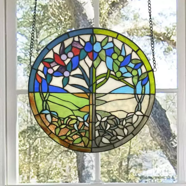 Tiffany Style Tree of Seasons Round Stained Glass Window Panel Suncatcher