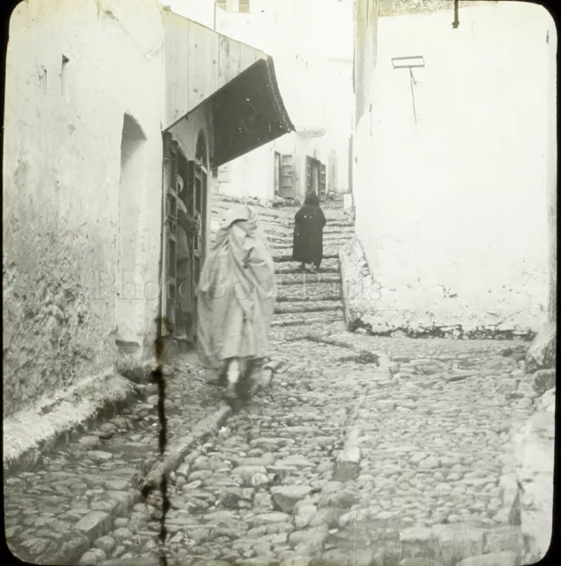 MAROC Tanger une Rue Maghreb 1904, Photo Stereo Grande Plaque Verre VR9L5n9