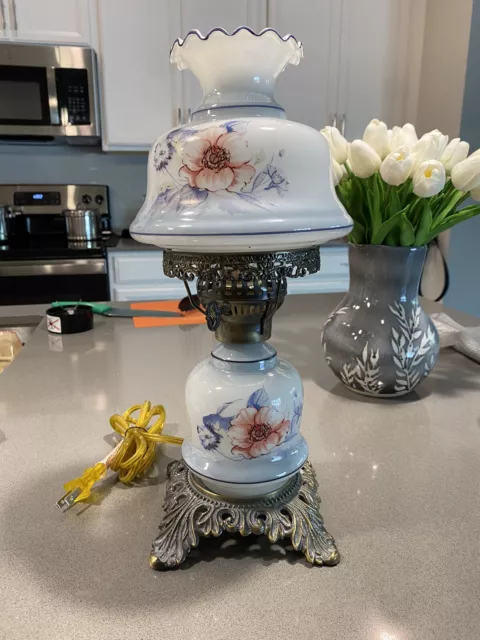 Milk Glass Painted Flowers Hurricane Parlor Brass Table Lamp Vintage GWTW Style