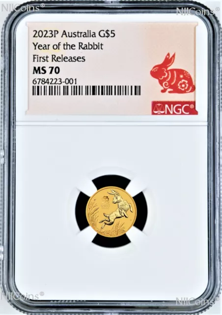 2023 Australia Bullion GOLD $5 Lunar Year of the Rabbit NGC MS70 1/20oz Coin FR