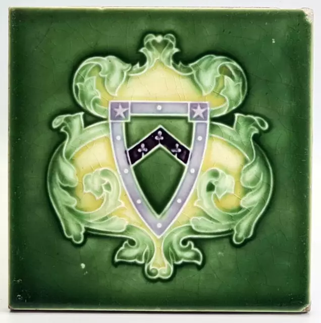 Art Nouveau Fireplace Tile Green Majolica Shield Design T & R Boote 1906