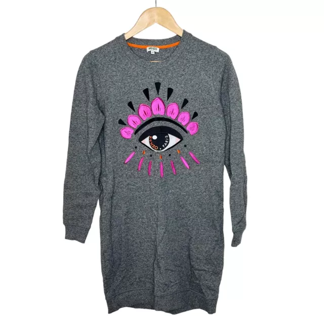 Kenzo Paris Eye Sweatshirt Dress Gray Women’s Size XS Hot Pink Embroidered