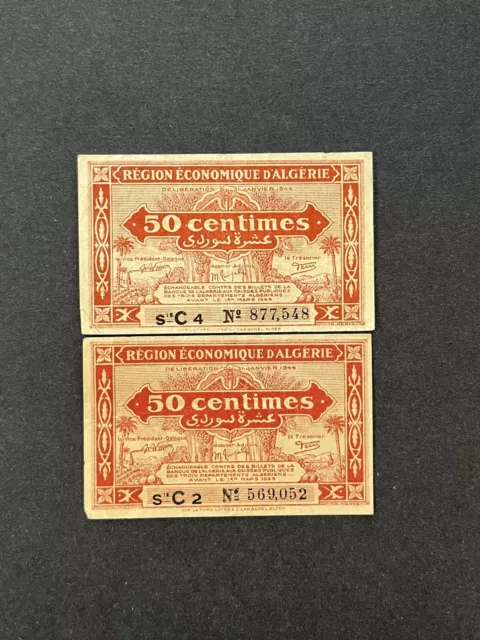 Algeria Banknotes Lot Of 2 1944 50 Centimes #97a VF Circulated