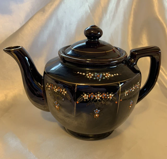 Vintage Redware Brown Betty Teapot - Hand Painted with Gold Trim Made in Japan