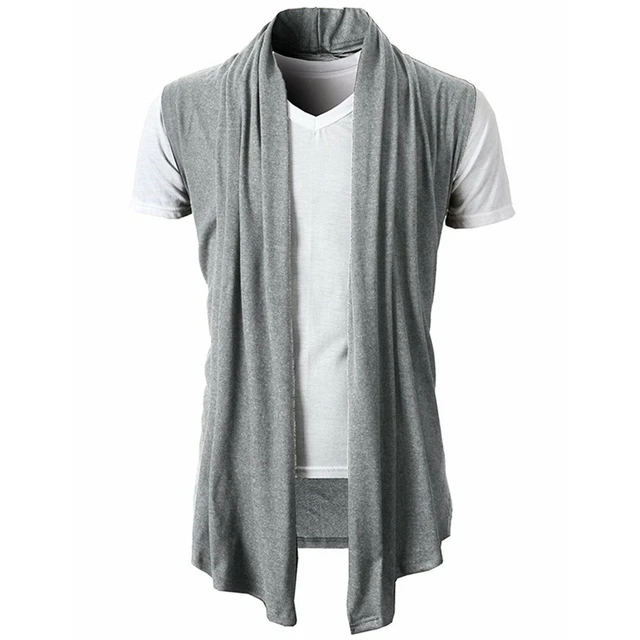 Cardigan Uomo Senza Maniche Longline Camicia Gilet Gilet Vita Hanky Hem Top Jacket Grigio