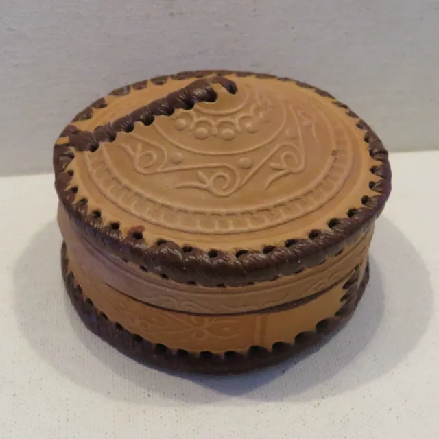 Tooled Round Leather Trinket BOX Velvet Inside Mexico