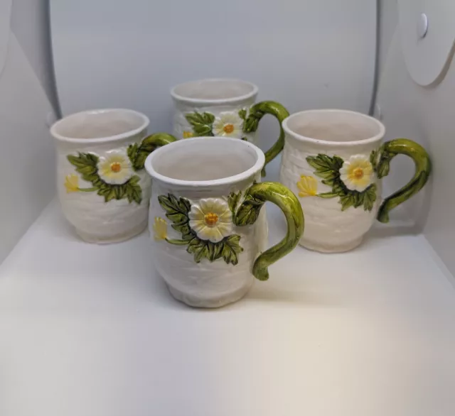 LEFTON Rustic Daisy Flower Basket Weave Mug Cup Set of 4 1950's 4468 Vintage