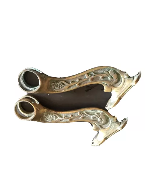 2 Victorian Brass Drapery Curtain Tie Backs Raised Floral Flower Motif 9.5" Hook
