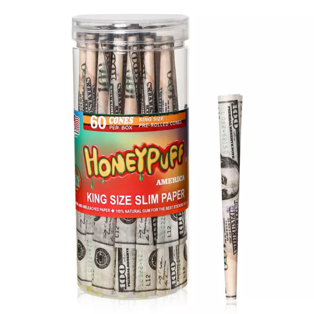 HONEYPUFF Dollar Bill King Size 60 Cones Pre Rolled Paper Cones with Filter Tips