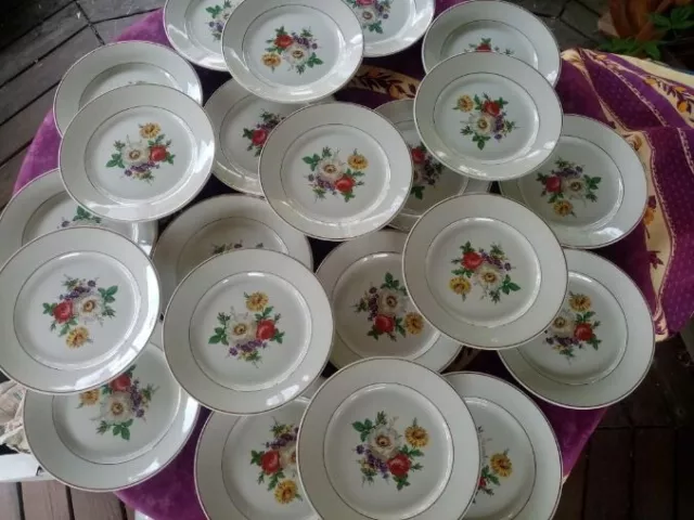 22 Assiettes Plates anciennes Demi Porcelaine Badonviller Décor Floral Coloré 