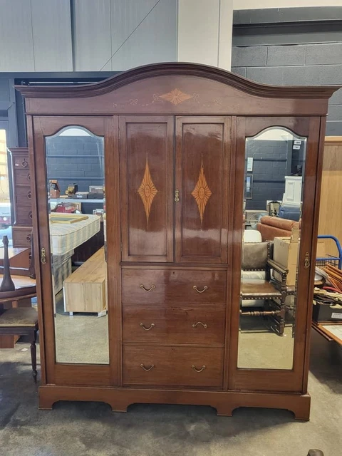 Antique Edwardian inlaid triple wardrobe drawers mirrored doors cupboard