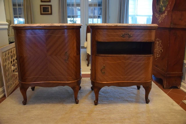 Pair of Antique French Nightstands with Inlay Wood and Marble Tops