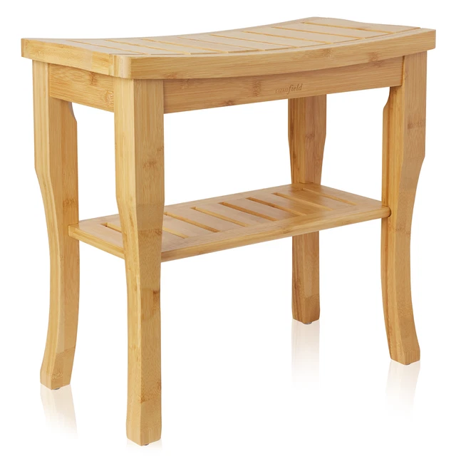 BAMBOO SHOWER BENCH with Storage Shelf, Wood Bathroom Spa Stool Seat