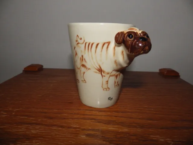 Blue Witch Dog Pug Mug 3D PUG HEAD Handle Hand Painted Coffee Cup H 4" W 3.5"