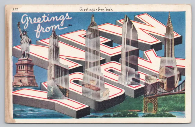 New York City New York, Large Letter Greetings Skyscrapers RARE Vintage Postcard
