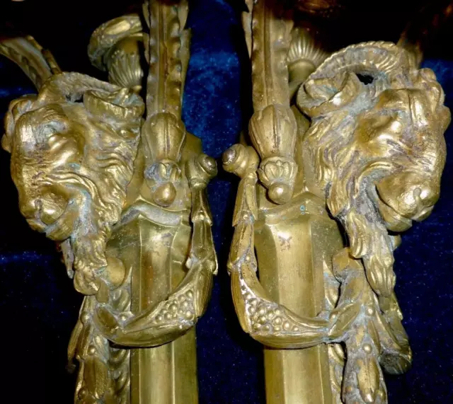 Two Fantastic Antique French Solid Bronze/ Brass Sconces Ram Heads Satin Roses