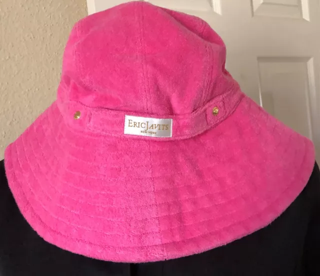 Eric Javit Fleece Pink Hat Wide Brim Foldable Packable Travel W/gold-metal Logo