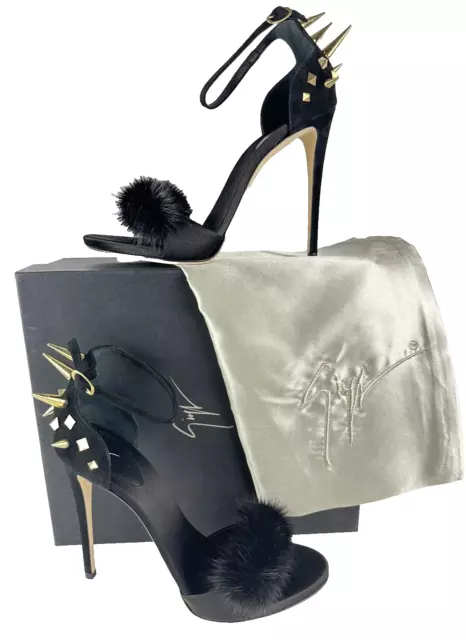 Giuseppe Zanotti $1.8K NIB 10 US 40 EU Black Suede Mink Fur Stud Heels Shoes Bag