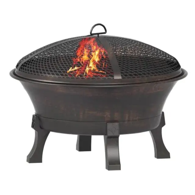 26 in. Del Oro Durable Cast Iron Fire Pit Bowl w/ Wood Grate and Mesh Cover NEW
