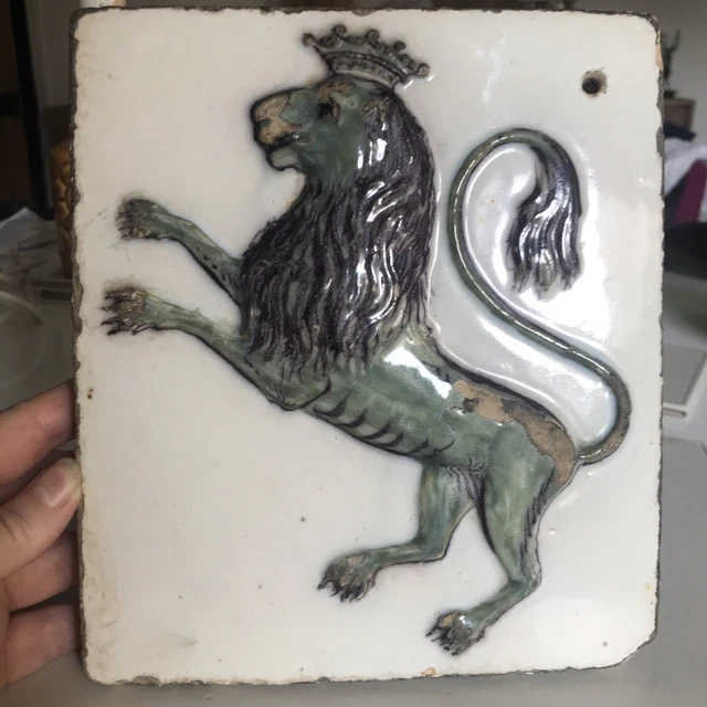 Antique 18th Century Heraldic Rampant Lion Coronet Thick Ceramic Tile Relief