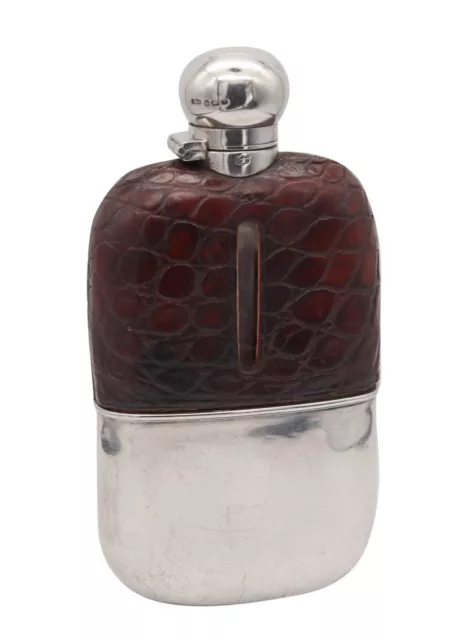 James Dixon & Sons 1891 Sheffield Large Liquor Flask Sterling & Faux Crocodile