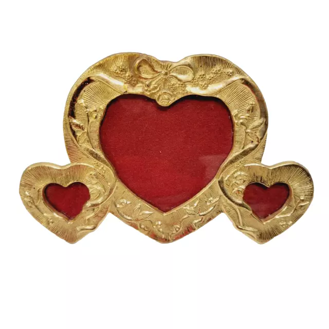 Vtg Triple Rose Heart Brass 3 Photo Picture Frame Bows Elegant Freestanding