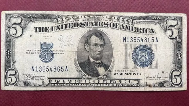1934 C Five Dollar Silver Certificate $5 Bill Blue Seal Note Circulated #59008