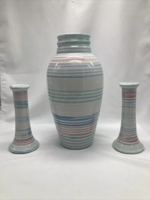 Vintage 1990s Harris Potteries Chicago Pastel Stripes Vase Candlestick Holders