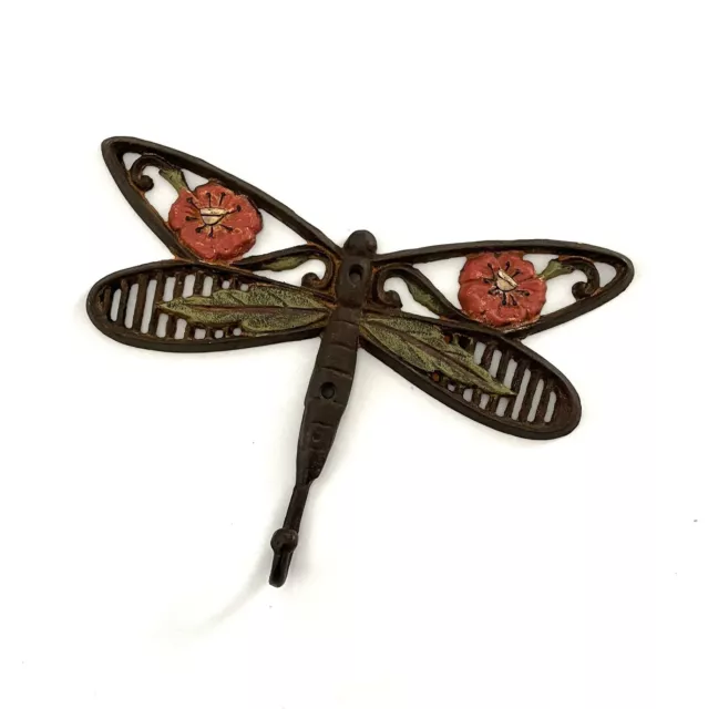Dragonfly Wall Hook Cast Iron Multicolor 9" Wingspan Outdoor Leash Hat Jacket