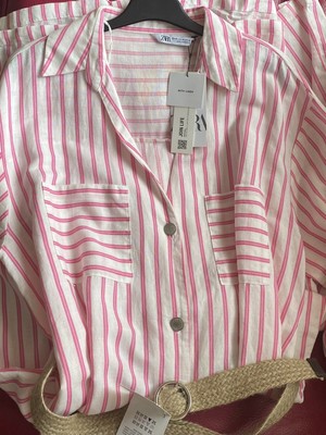 ZARA Pink & White Striped Linen Blend Midi Dress with Belt Size XXL Bloggers