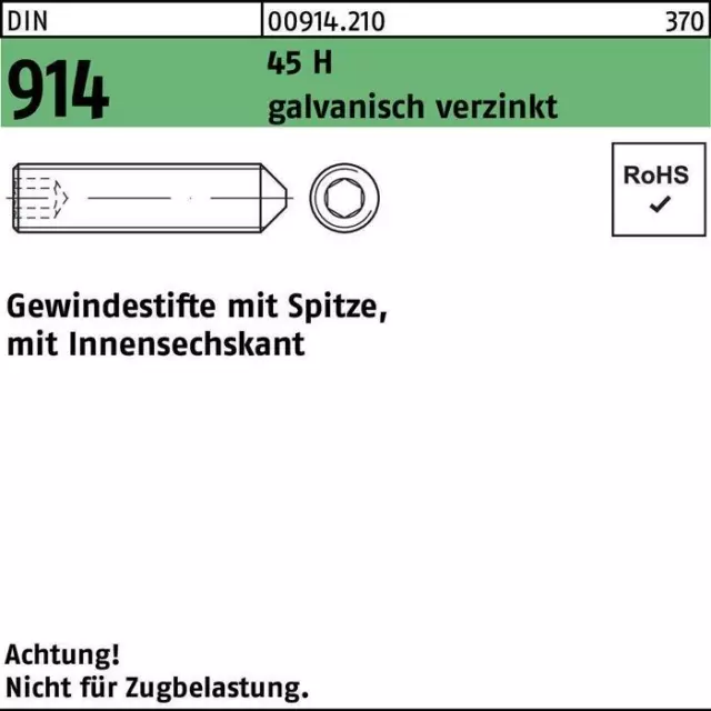 Gewindestift DIN 914 m.Spitze/Innensechskant M 10 x 16 45 H galvanisch verzinkt