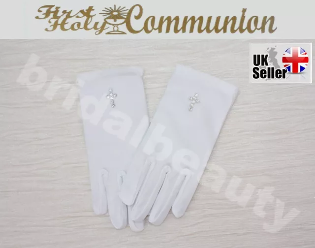 First Holy Communion Flower Girls Wedding Pageant Diamanté Cross Gloves Veil