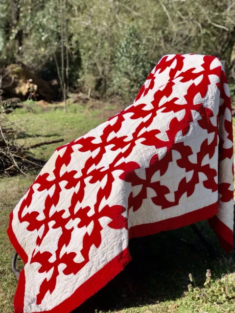 Antique/ Primitive Old Appalachian Appliqué Patch Quilt Coral Red & White