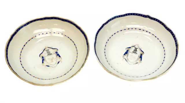 Pair Chinese Export Porcelain Cobalt & Gilt Bowls or Saucers c1820 Bird Armorial