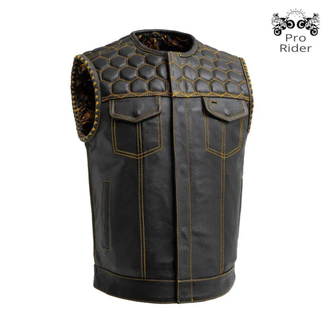 Club Men's Black Leather Biker Fashion Honeycomb Stitching Collarless Vest