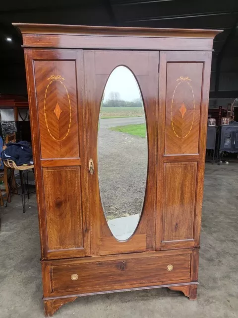 Antique Edwardian inlaid mahogany mirrored door wardrobe drawer hanging rail