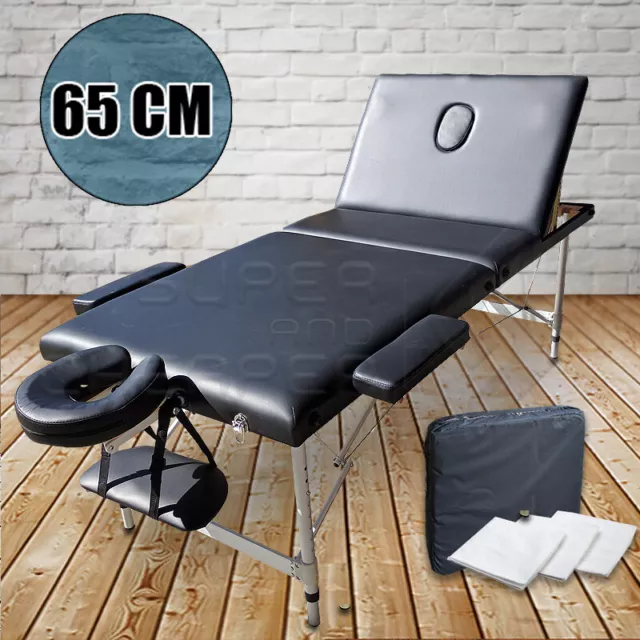 Portable Aluminium Black Massage Table 3 Fold Bed Therapy Waxing 65cm