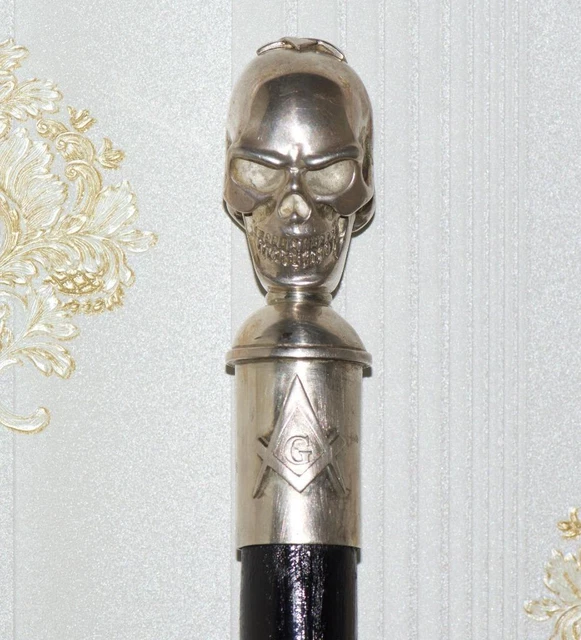 Amazing Antique Masonic Memento Mori Skull Solid Silver Walking Stick Cane c1900