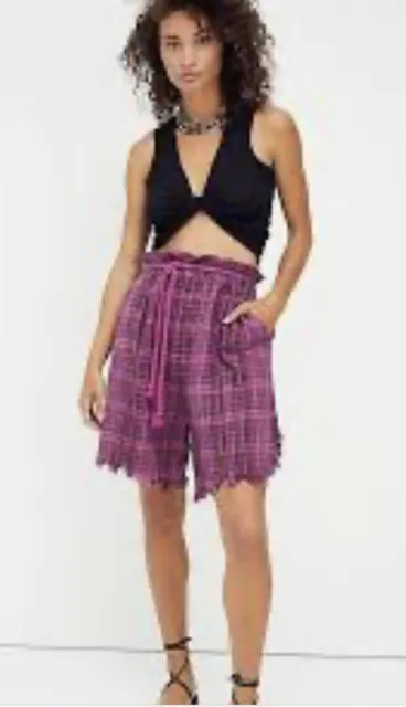 Free People Everyday Slouch Shorts Paper Bag Fray Cord Belt Plaid Purple M NEW