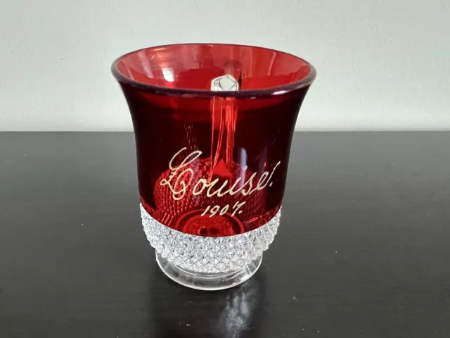 Vintage Ruby Red Souvenir handled cup etched "Louise 1907"