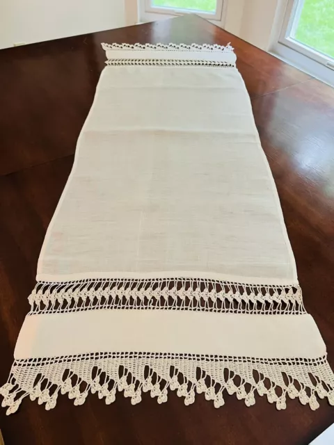 Vintage Linen Table Runner With Hand Crocheted Inserts And Edges Lovely Pattern
