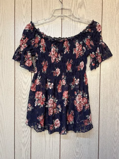 Almost Famous Lace Smocked Off The Shoulder Navy Blue Floral Top Size XL