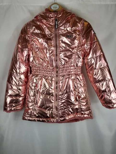 Girls DKNY Pink Metallic Reversable Padded Faux Fur Hooded Coat 14-16 Years