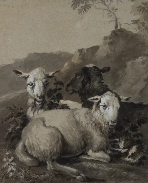 Drei liegende Schafe, Pinselzeichnung Romantik Tiere Unbekannt (18.Jhd)