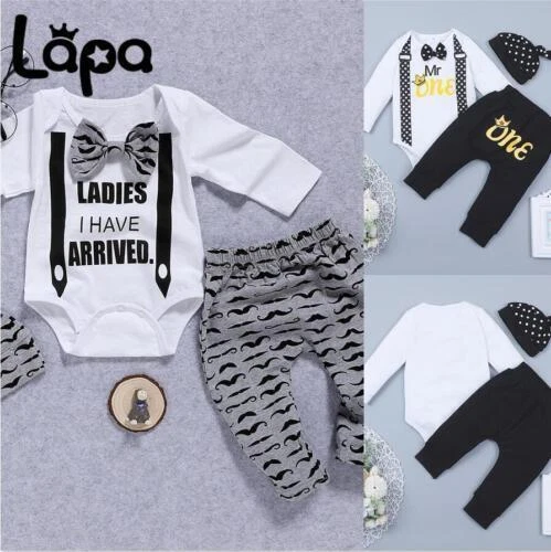 3PCS Newborn Kids Baby Boys Gentleman Clothes Romper Tops Hat Pants Outfits Set